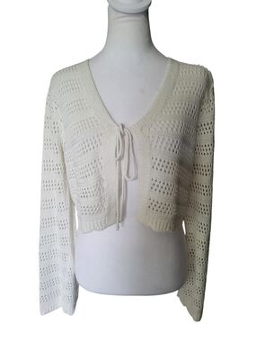 Jolie & Joy Open-Knit Tie-Front Crop Sweater Cardigan White sz Xl